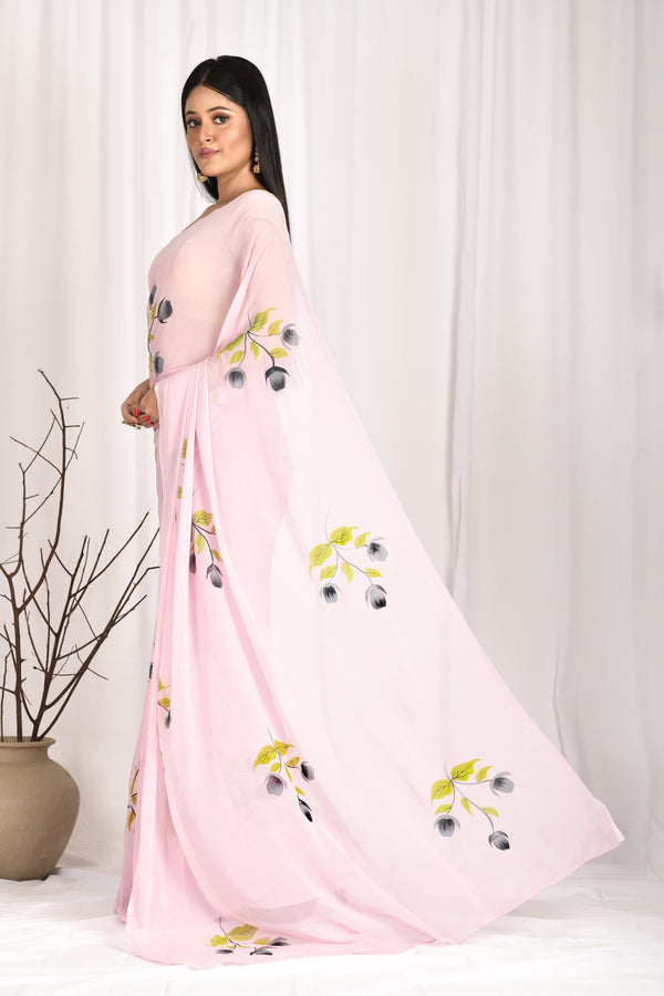 Women's Hand Painted Pink Saree With All-Over Vegetable Dyes With Blouse - Saras The Label