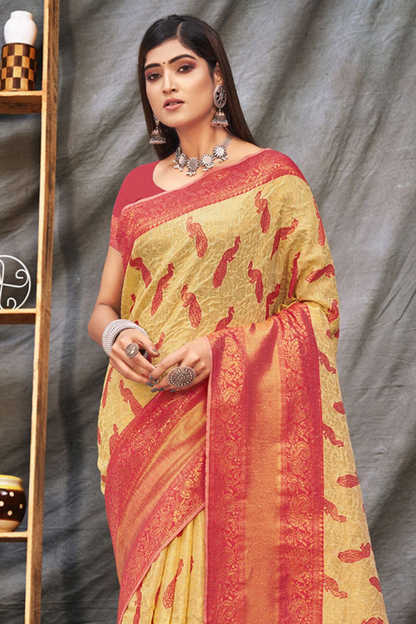 Women's Beige Organza Woven Zari Work Traditional Tassle Saree - Sangam Prints