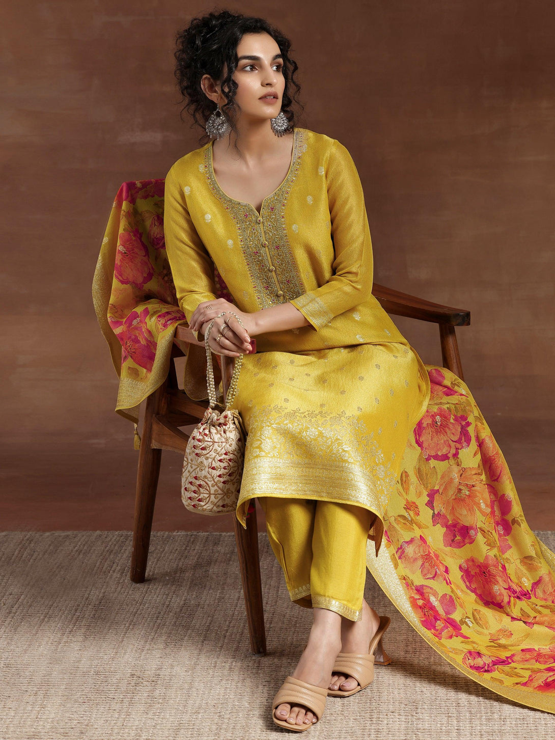 Mustard Woven Design Chanderi Silk Straight Suit With Dupatta - Jashvi