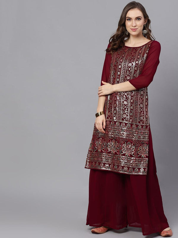 Women's  Maroon & Gold Self Design Kurta with Palazzos - AKS