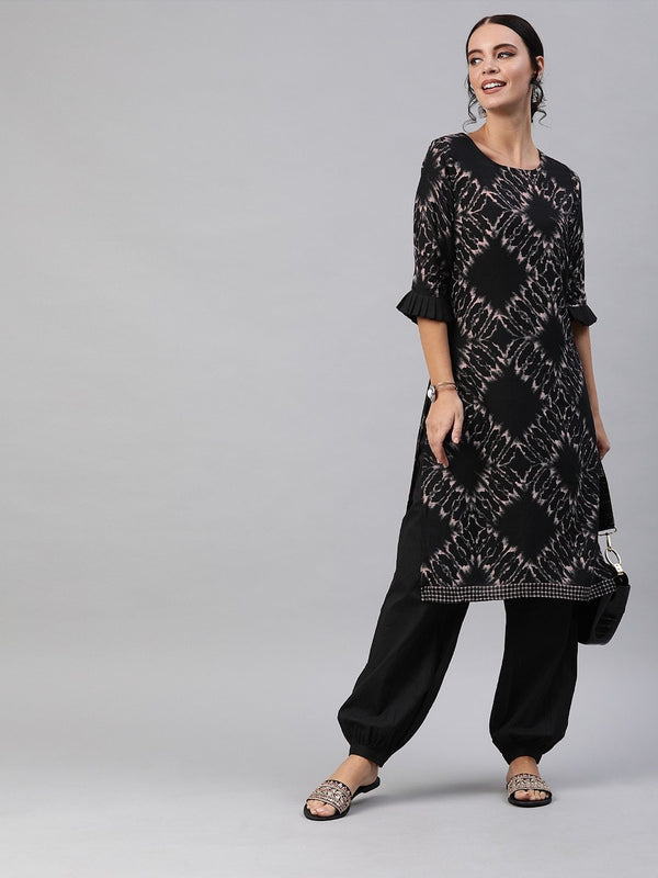 Women's  Black & Grey Discharge Printed Kurta with Salwar With Bell Sleeves - AKS