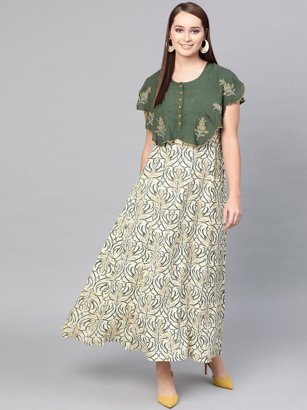 Women's  Cream-Coloured & Green Printed Layered Maxi Dress - AKS