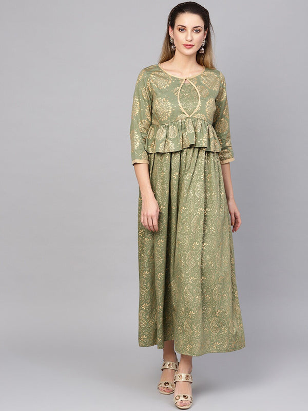 Women's  Olive Green & Golden Printed Layered Maxi Dress - AKS