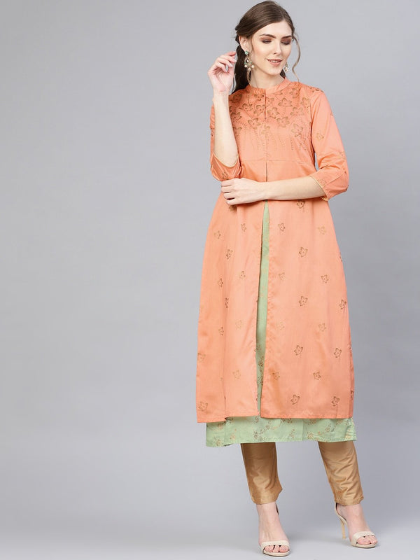 Women's  Peach-Coloured & Green Floral Printed Layered A-Line Kurta - AKS