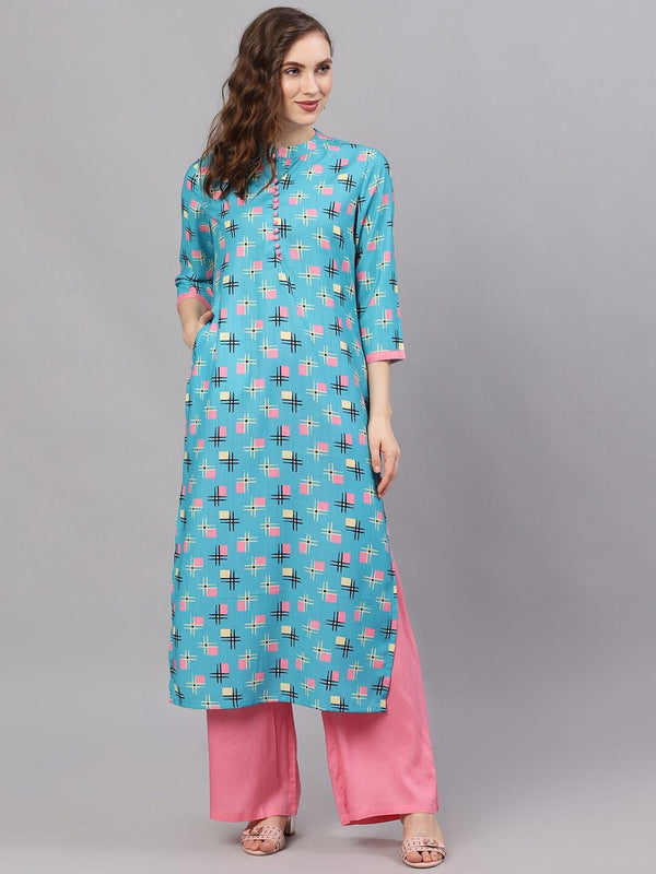 Women's  Blue Printed Straight Kurta - AKS