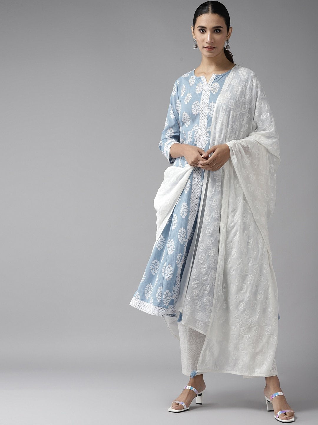 Women's Blue & White A-Line Kurta Set - Yufta