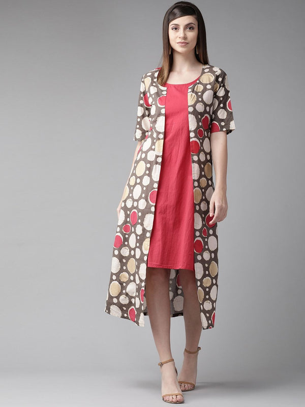 Women's  Red & Brown Printed Layered A-Line Dress - AKS