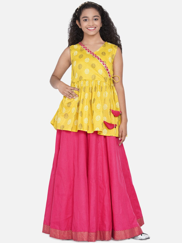 Girl's Yellow & Pink Printed Khari Print Ready to Wear Lehenga Set - NOZ2TOZ KIDS