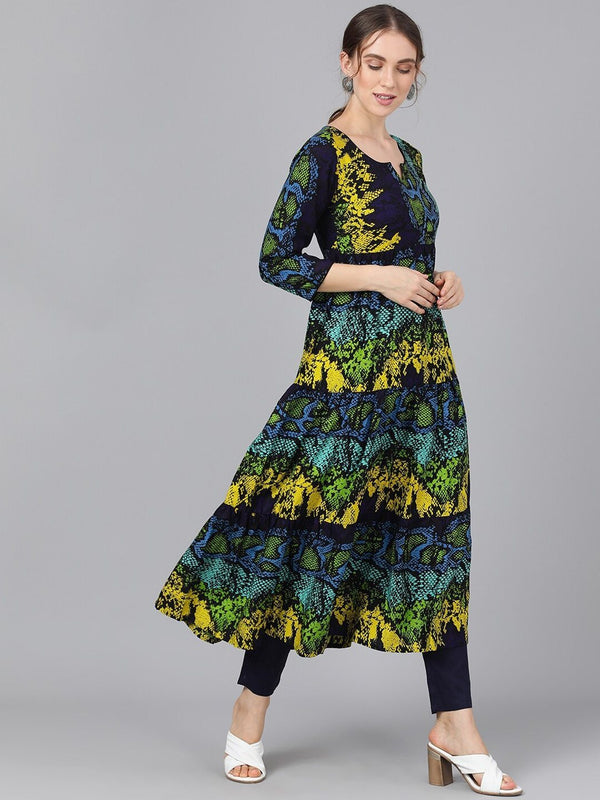 Women's  Navy Blue & Green Printed Anarkali Kurta - AKS