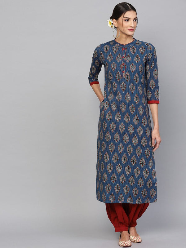 Women's  Navy Blue & Maroon Printed Kantha Work Straight Kurta - AKS