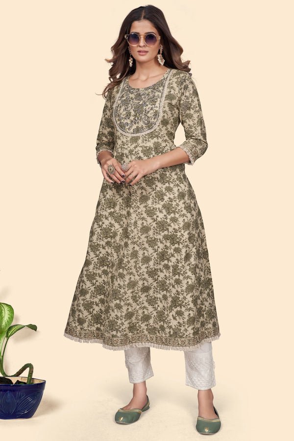 Women's Print & Embroidered A-Line Cotton Mahendi Green Stitched Kurta - Vbuyz