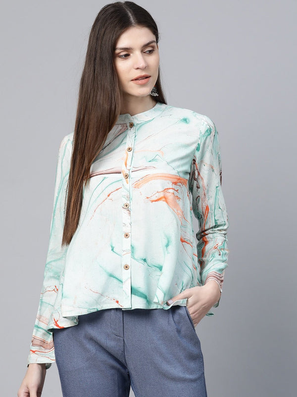 Women's  Sea Green & Orange Abstract Printed A-Line Tunic - AKS