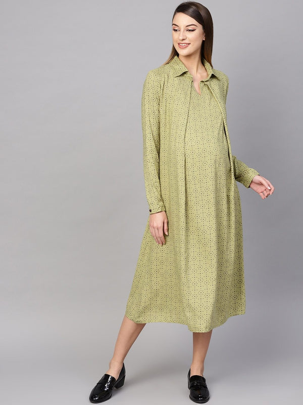 Women's  Green Printed Layered Maternity Shirt Dress - AKS