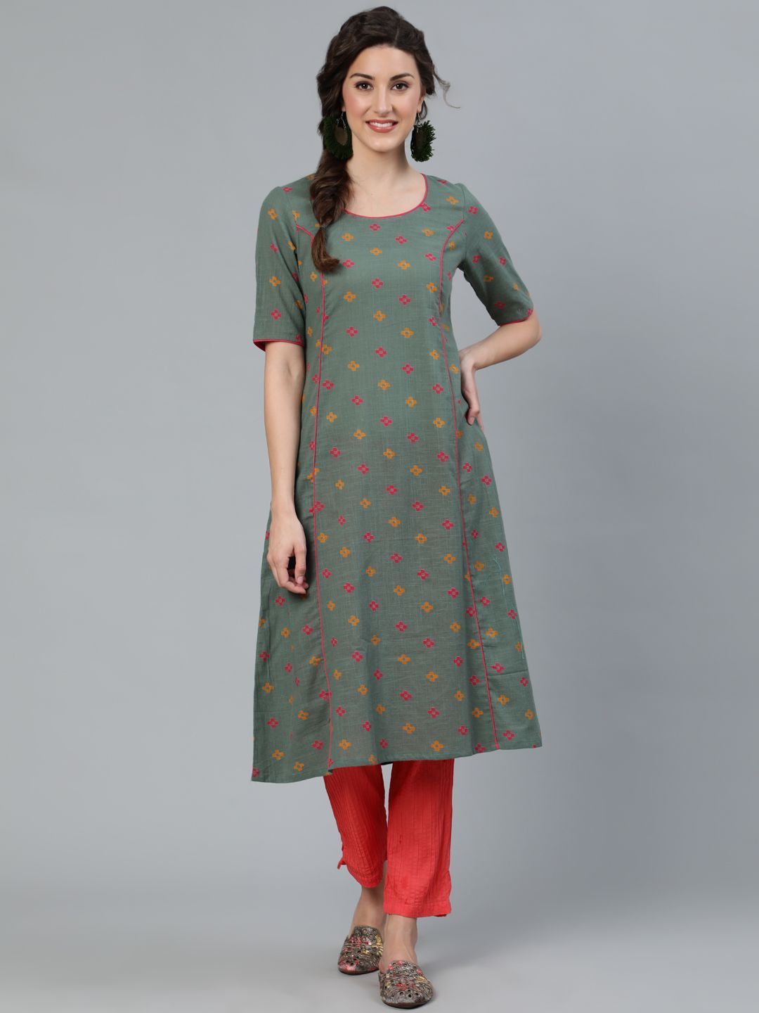 Women's Green Printed A-Line Kurta - AKS