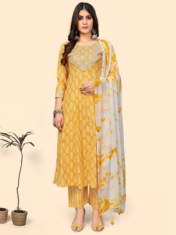 Women's Print & Sequience A-Line Cotton Yellow Stitched Kurta Pant With Dupatta - Vbuyz