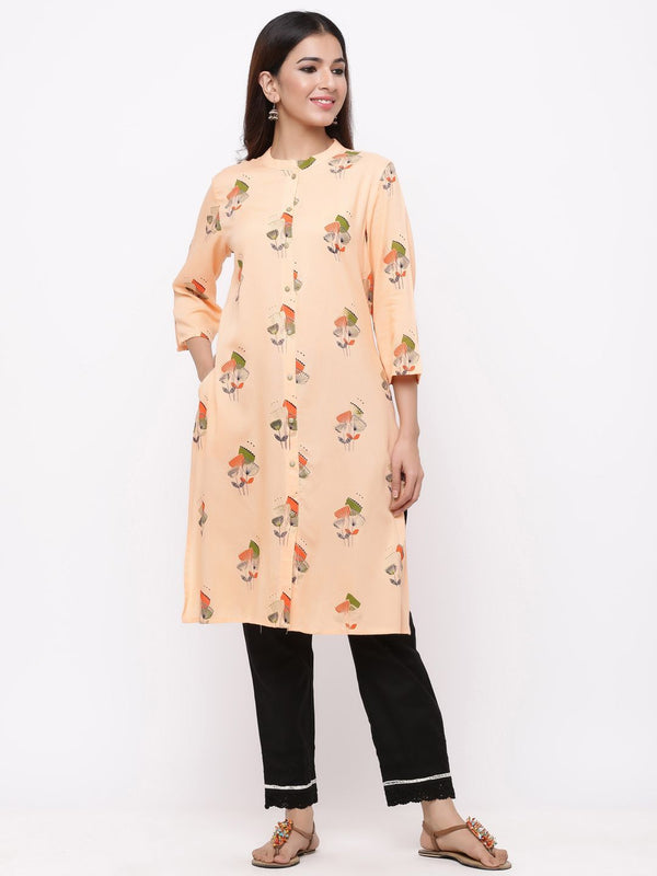 Women's Peach Rayon Printed A-Line Kurta - Juniper