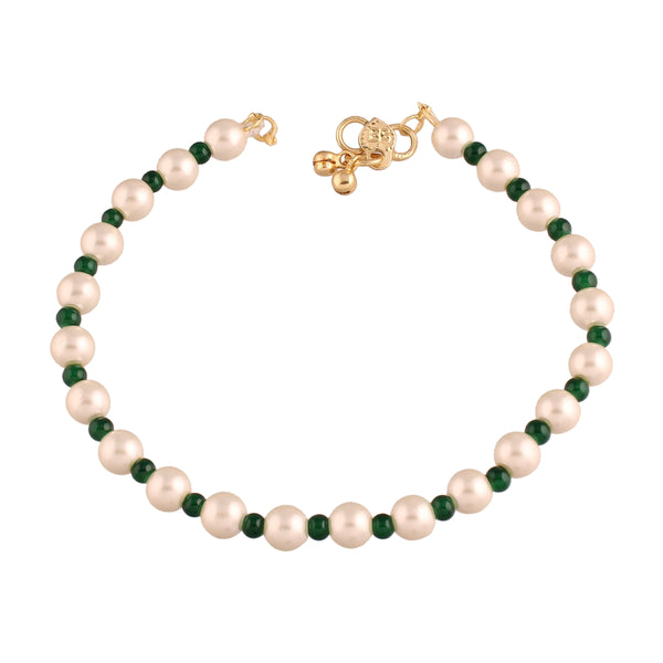 Women's Adjustable Pearl & Green Beads Single Anklet Payal Bracelet - i jewels