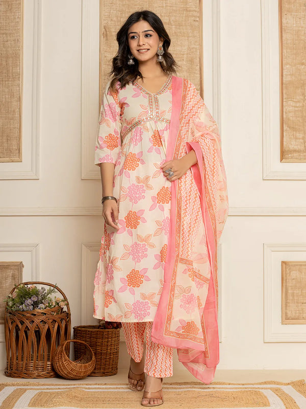 Cotton Cream Alia-Cut A-Line Kurta And Pant With Dupatta Set-Indiakreations-JSA102SKDCRM