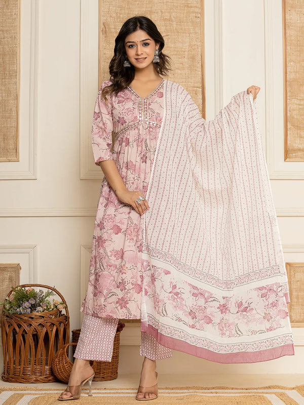 Pink Floral Print Cotton Alia-Cut Kurta And Trousers With Dupatta-Indiakreations-JSA103SKDPKM