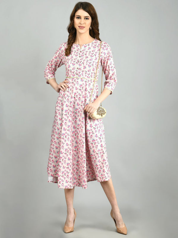 Women's Multi Polyester Printed 3/4 Sleeve Round Neck Casual Dress - Myshka