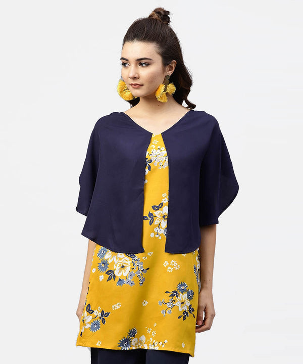 Women's Yellow Printed Tunic With Attached Cape Sleeves And V-Neck - Nayo Clothing