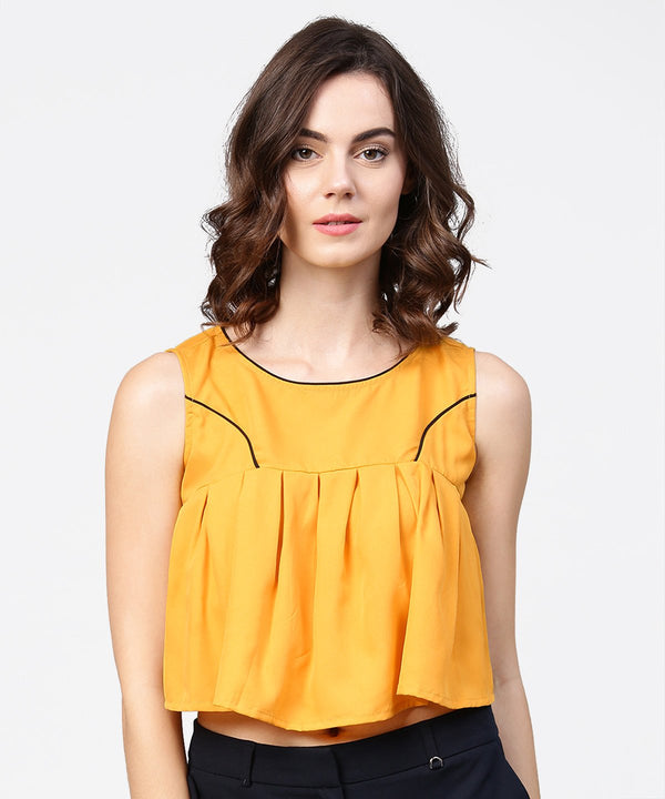 Women's Yellow Crepe Sleeveless Pleated Tops - Nayo Clothing