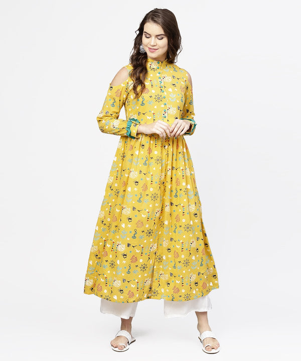 Women's Yellow Printed 3/4Th Cold Shoulder Sleeve Cotton Kurta - Nayo Clothing