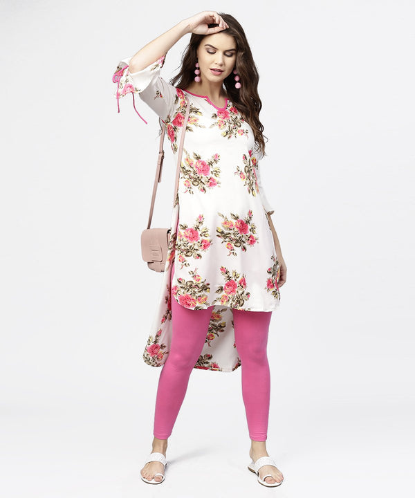 Women's Off White Flower Print 3/4Th Sleeve Crepe Low High Kurta - Nayo Clothing