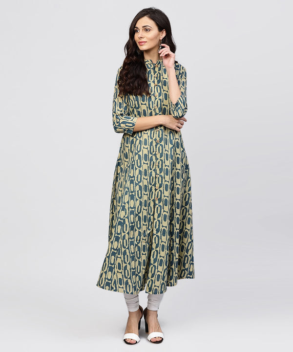 Women's Green Printed Panelled Cut A-Line Kurta With Madarin Collar And Front Placket - Nayo Clothing