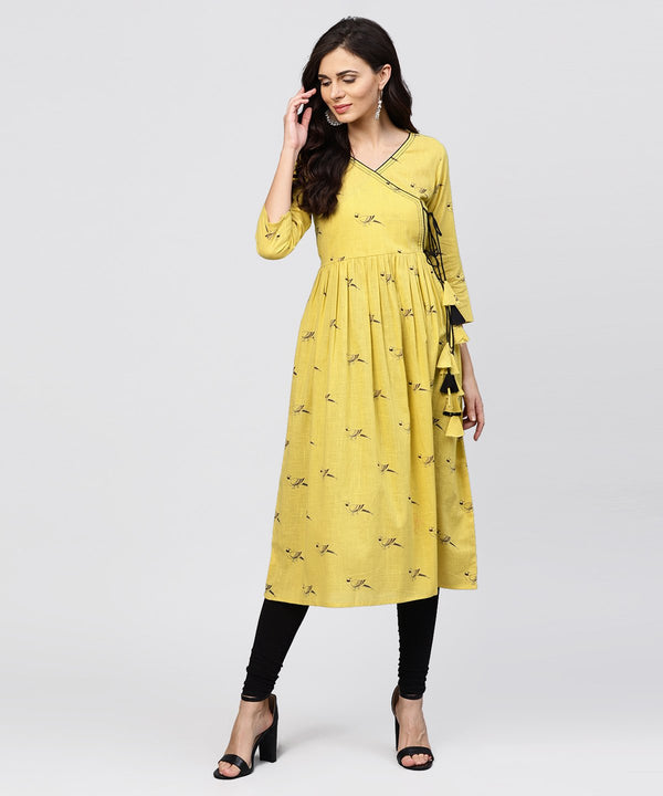 Women's Cotton Mustard Pleated Angrakha With V-Neck And Emblished With Tassel - Nayo Clothing