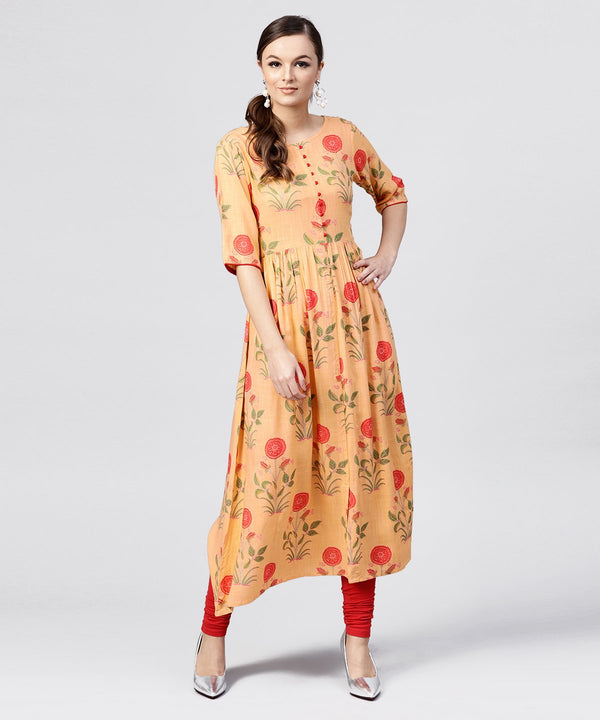 Women's Peach Rayon Calf Length Kurta With Round Neck Front Placket - Nayo Clothing