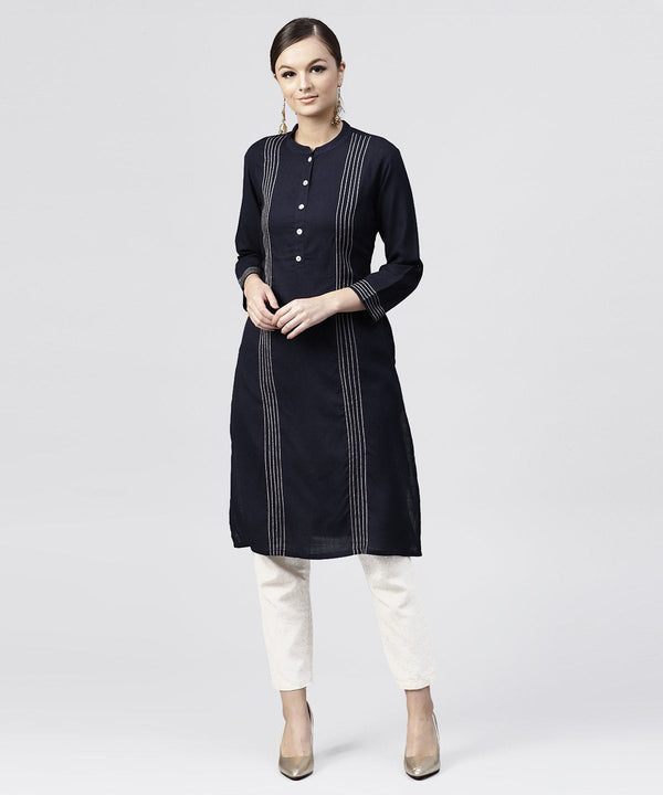 Women's Navy Blue Round Neck Kurta With 3/4 Sleeves And Front Placket - Nayo Clothing