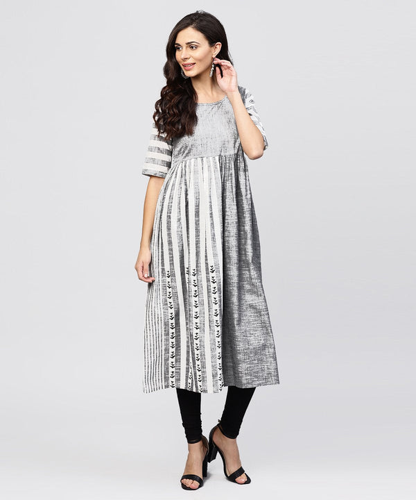 Women's Grey And White Stripes Handloom Calf Length Kurta With Round Neck And Half Sleeves - Nayo Clothing