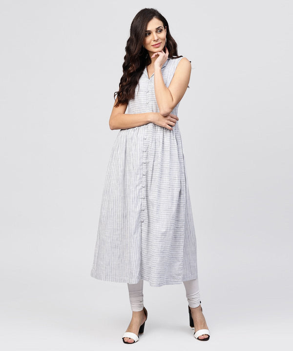 Women's White Striped Kurta With Yoke And Notched Neck Line - Nayo Clothing