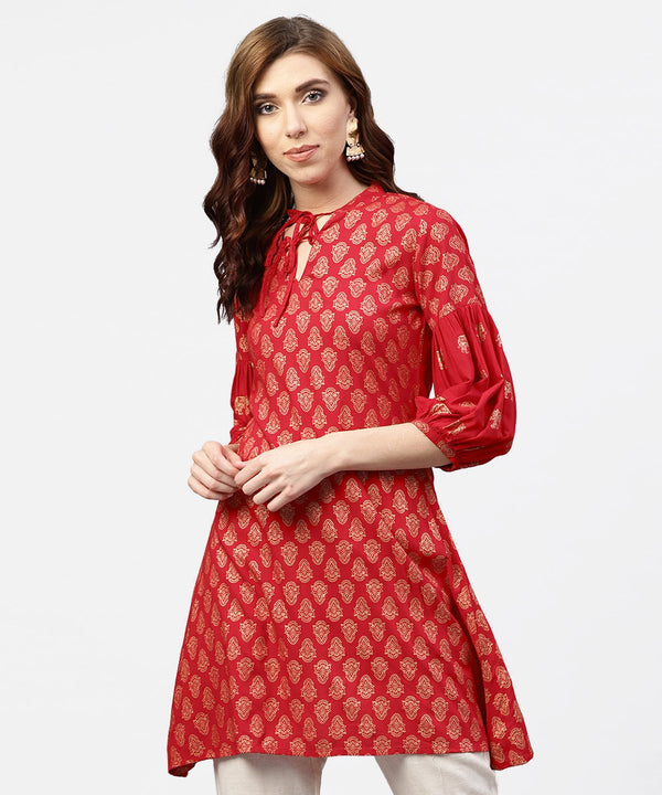 Women's Red Printed Short Kurta With Key Hole Neck And 3/4 Sleeves - Nayo Clothing