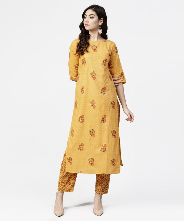 Women's Yellow 3/4Th Sleeve Cotton Kurta With Ankle Length Printed Pallazo - Nayo Clothing