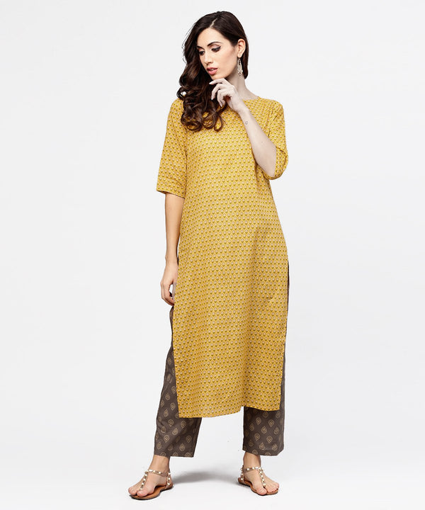 Women's Yellow 3/4Th Sleeve Cotton Kurta With Grey Printed Pallazo - Nayo Clothing