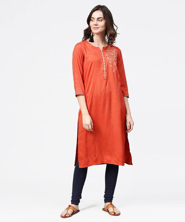 Women's Peach Embroidery 3/4Th Sleeve Rayon Kurta - Nayo Clothing