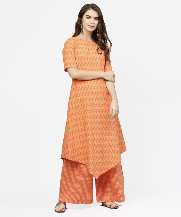 Women's Yellow & Peach Printed Half Sleeve Cotton Assymetric Kurta With Ankle Length Palazzo - Nayo Clothing