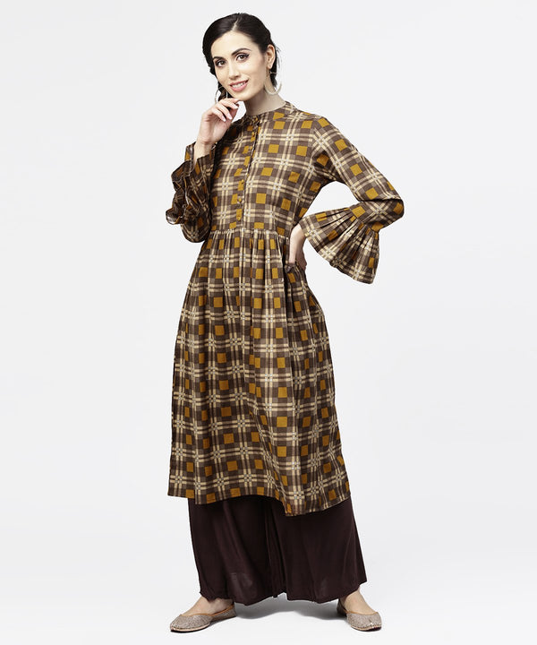 Women's Coffee Brown & Yellow Full Sleeve Cotton Anarkali Kurta - Nayo Clothing