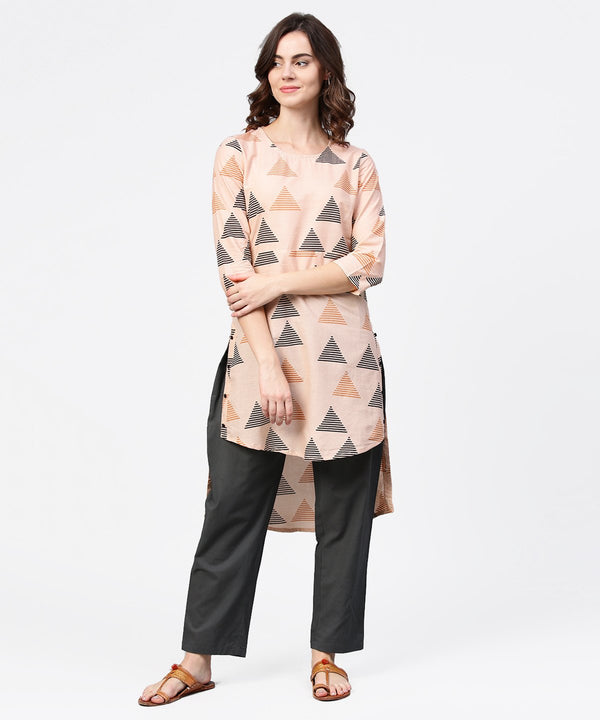 Women's Off White Printed 3/4Th Sleeve Cotton Low High Kurta - Nayo Clothing