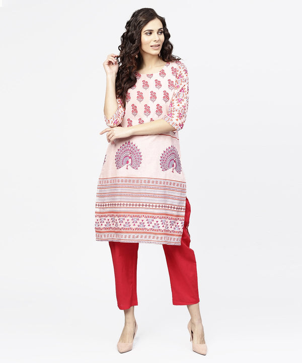 Women's Off White Printed 3/4Th Sleeve Cotton Kurta - Nayo Clothing