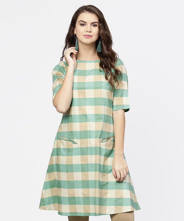 Women's Green Checked Half Sleeve Cotton Kurta - Nayo Clothing