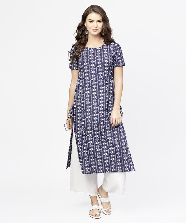 Women's Blue Half Printed Straight Cotton Kurta With Dori Work - Nayo Clothing