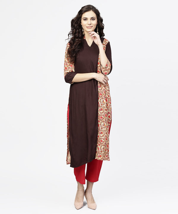 Women's Black & Red Printed 3/4Th Sleeve Cotton Straight Kurta - Nayo Clothing