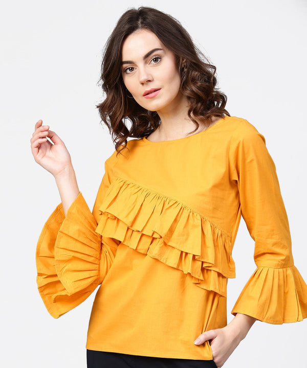 Women's Yellow Full Sleeve Cotton Tops - Nayo Clothing