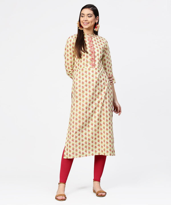 Women's Off White Printed 3/4Th Sleeve Cotton Straight Kurta - Nayo Clothing