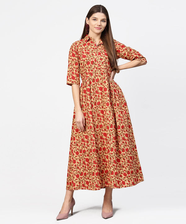 Women's Yellow & Red Printed Half Sleeve Cotton Maxi Dress - Nayo Clothing