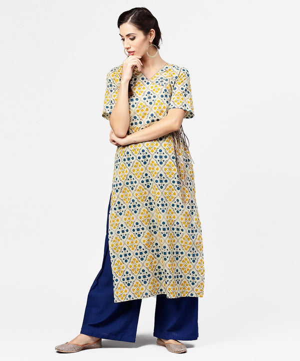 Women's Yellow Printed Half Sleeve Cotton Straight Kurta With Dori Work - Nayo Clothing