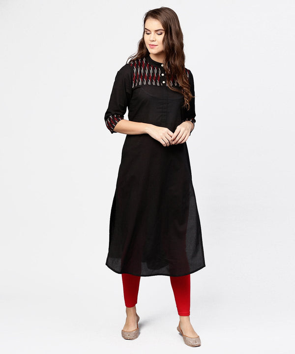 Women's Black 3/4Th Sleeve Yoke Printed Straight Kurta - Nayo Clothing